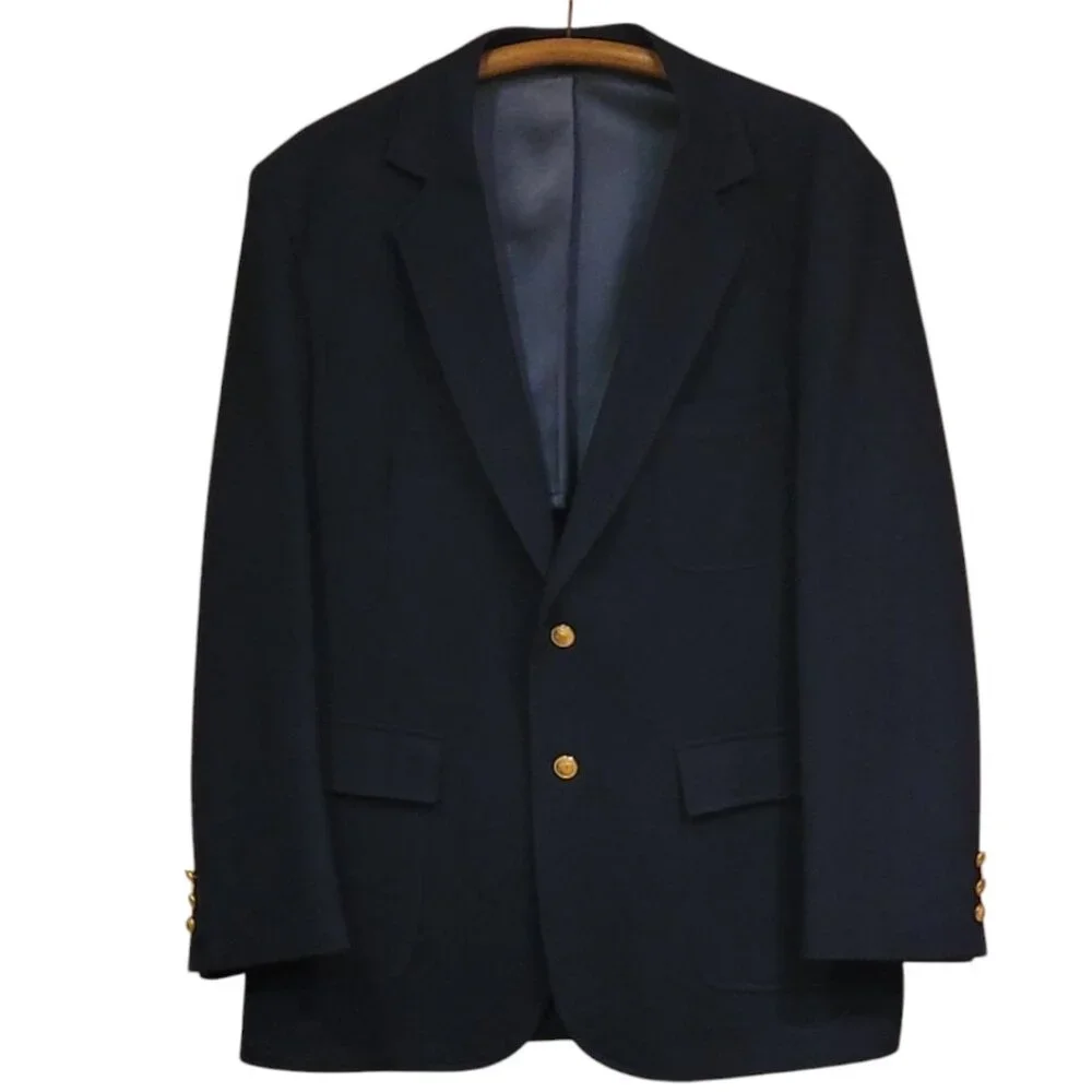 Vintage Trend Shop Stewart Men's Navy Blue Wool Blazer with Gold Buttons Sz 44R